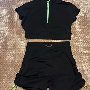 Bombshell Sportswear Black Shorts with Neon Green Toggle zipper top set